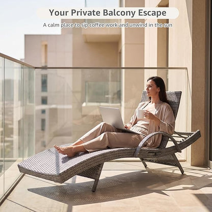 Set of 6 Gray Outdoor Chaise Lounge Chairs, Wicker Patio Lounge Chairs with Adjustable Backrest and Armrests, Durable PE Rattan Pool Chair for Patio, Poolside and Garden