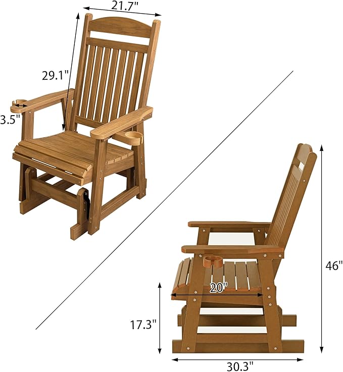 Poly Lumber Patio Glider for One Person, with Cup Holders, High Backrest and Deep Contoured Seat, HIPS Material - Photo 3