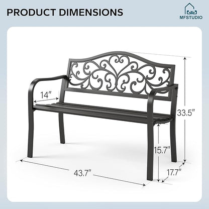 MFSTUDIO Outdoor Metal Bench Set of 2, Garden Patio 43.7 Inches Cast Iron Metal Frame Park Outside Benches with Floral Pattern Backrest for Front Porch, Black, Camelback