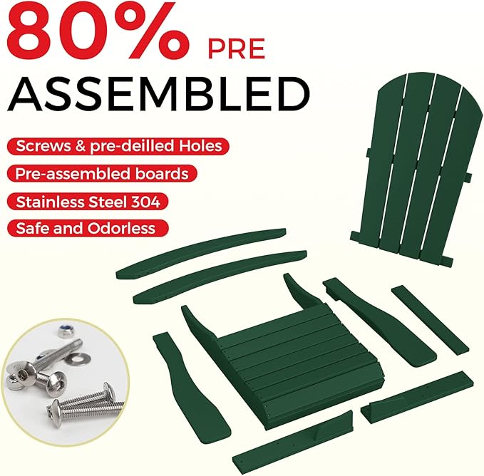 Costaelm Outdoor Adirondack Chair Set of 2, All Weather Resistant Classic Balcony Chair and Fire Pit Chairs, Plastic Outdoor Porch Furniture Rocking Chair High Back HDPE Poly Lumber, Dark Green