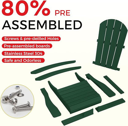 Costaelm Outdoor Adirondack Chair Set of 2, All Weather Resistant Classic Balcony Chair and Fire Pit Chairs, Plastic Outdoor Porch Furniture Rocking Chair High Back HDPE Poly Lumber, Dark Green