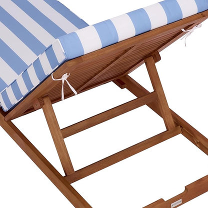 SAFAVIEH Outdoor Patio Furniture Collection - Sophie Natural Brown Solid Wood Chaise Lounge Chair, Adjustable Reclining, Baby Blue Stripe Cushion (PAT7101U)