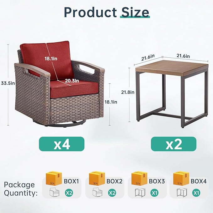 Luxury 4 Outdoor Swivel Rocker Patio Chairs with 2 Metal Side Table - Heavy Duty 6 Piece Patio Furniture Set All Weather Wicker Glider Set with Thick Cushion for Porch Poolside Deck - Red