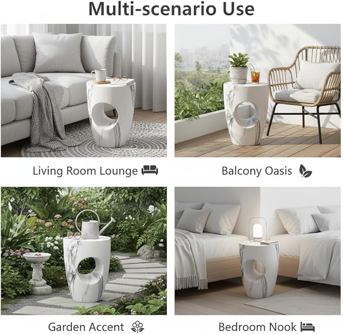 Merax 19.29" H Modern Round MgO Side Table with Cutout Accent, Faux Marble Outdoor Garden Stool & Indoor End Table, Weather Resistant Decorative Accent Table, No Assembly Required, Faux Marble