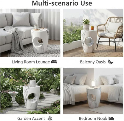 Merax 19.29" H Modern Round MgO Side Table with Cutout Accent, Faux Marble Outdoor Garden Stool & Indoor End Table, Weather Resistant Decorative Accent Table, No Assembly Required, Faux Marble