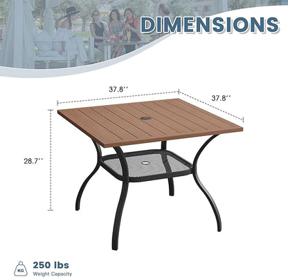 DIFY Outdoor Dining Table, Patio Square Metal Dining Table with 1.57" Umbrella Hole for 4 Person, Ideal for Poolside, Deck, Garden and Balcony, Walnut