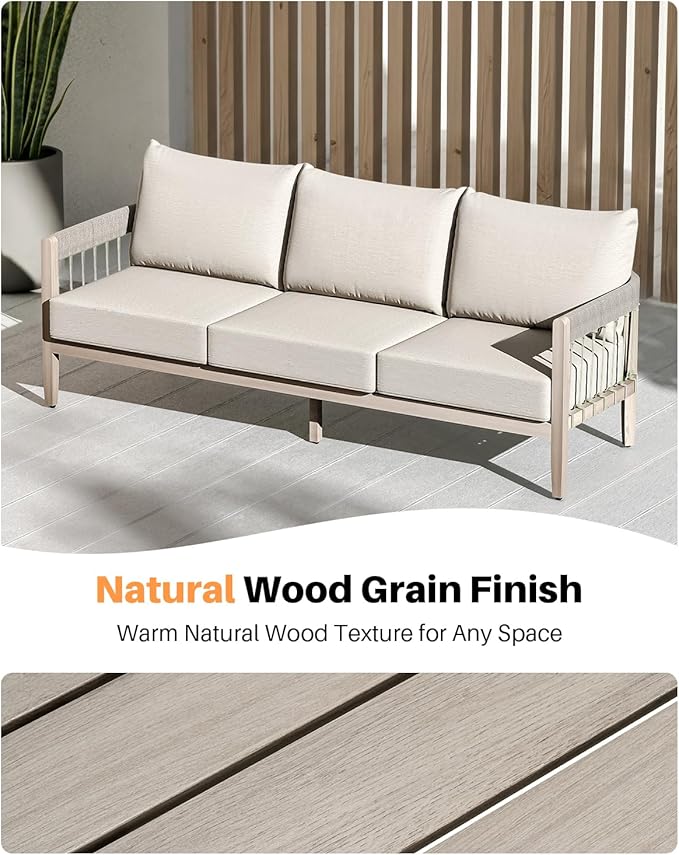 3-Seater Outdoor Aluminum Sofa, Never-Rust Patio Sofa Couch with Faux Wood Grain Finish Frame, Rope Weave Outdoor Sofa - Photo 6
