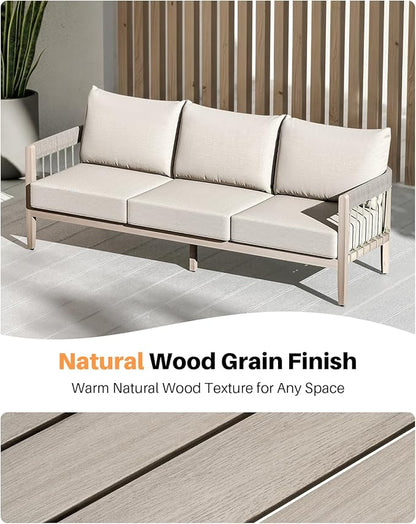 3-Seater Outdoor Aluminum Sofa, Never-Rust Patio Sofa Couch with Faux Wood Grain Finish Frame, Rope Weave Outdoor Sofa with Extra Thick Cushions, Outdoor Patio Couch for Deck, Porch, Garden | Never-Rust Aluminum, Faux Wood Grain, Rope Weave Craft, Wrap...