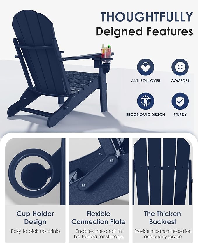 Folding Adirondack Chairs Set of 6, All-Weather Resistant HDPE Patio Firepit Chairs, Sturdy Outside Chairs with Cup Holder, Lawn Chairs, 80% Pre-Installed Load Capacity 385lb, Navy Blue