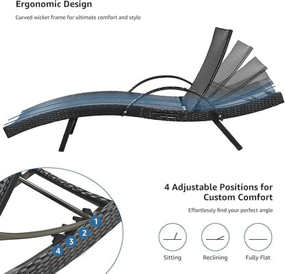 80.3" Chaise Lounge Outdoor Set of 4, Wicker Pool Lounge Chairs Outdoor with Pull-Out Side Table, Adjustable Reclining Patio Chairs, Tanning Chair, Sillas de Patio for Backyard/Balcony/Deck (Black)
