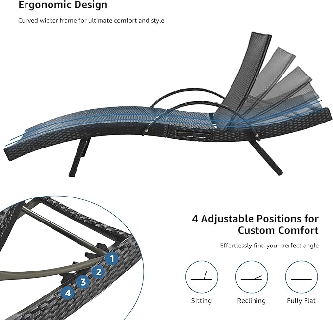80.3" Chaise Lounge Outdoor Set of 6, Wicker Pool Lounge Chairs Outdoor with Pull-Out Side Table, Adjustable Reclining Patio Chairs, Tanning Chair, Sillas de Patio for Backyard/Balcony/Deck (Black)