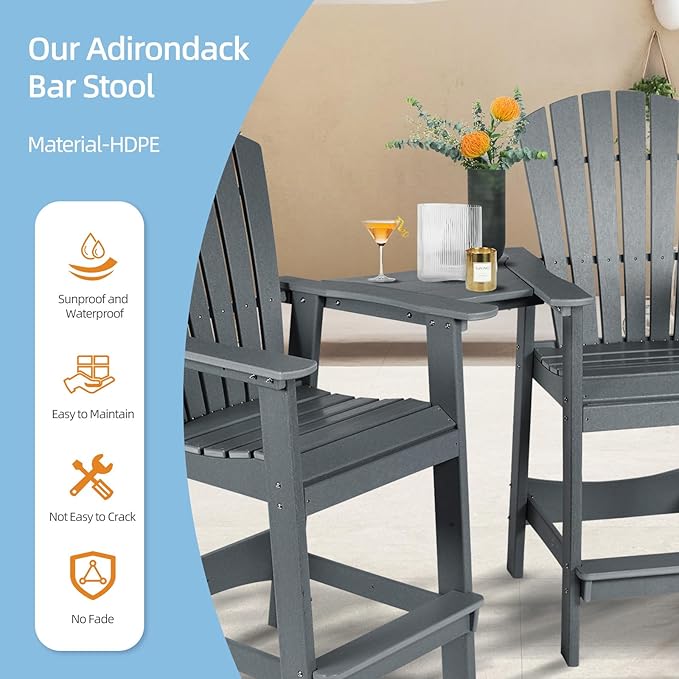 Aoodor Tall Adirondack Chairs Set of 2,HDPE Patio Bar Stool with Connecting Tray,All-Weather Balcony Chair for Outdoor Backyard, Garden, Yard - Gray
