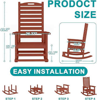 PLUUV Outdoor Rocking Chair Set of 2 with Removable Footboard for Adults, HDPE High Back Patio Rocking Chairs, 330lbs All Weather Porch Rocking Chairs for Outdoor & Indoor -Reddish Brown