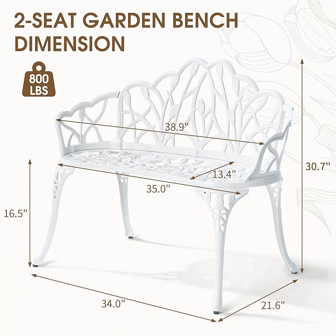 Outdoor Bench, Cast Aluminum Double Seating with Backrest and Armrests, Mental Outdoor Furniture for Patio, Porch, Garden, Park, White Tulip