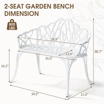 Outdoor Bench, Cast Aluminum Double Seating with Backrest and Armrests, Mental Outdoor Furniture for Patio, Porch, Garden, Park, White Tulip
