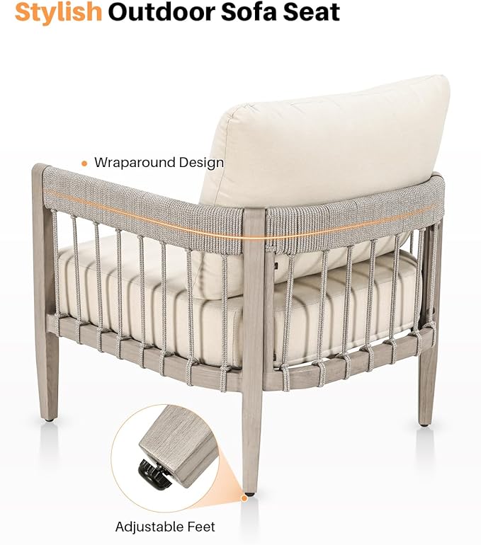 Patio Sofa Chairs Set of 2, Never-Rust Aluminum Outdoor Armchairs with Faux Wood Grain Finish, 2 Pieces Rope Weave - Photo 9