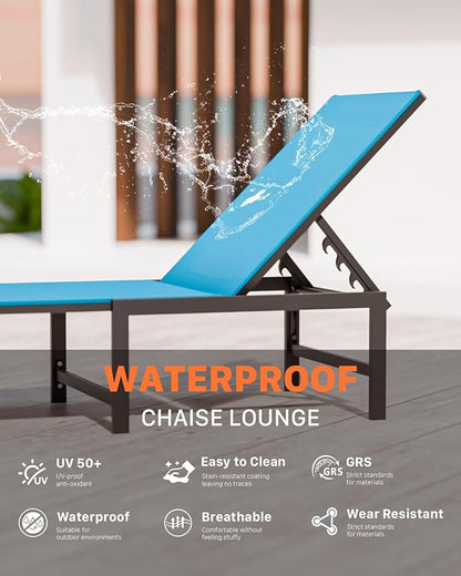 Chaise Lounge Chair Outdoor,Aluminum Patio Lounge Chairs,Lounge Chairs with 5 Adjustable Backrest and Headrest Pillows for Outside Beach,Blue
