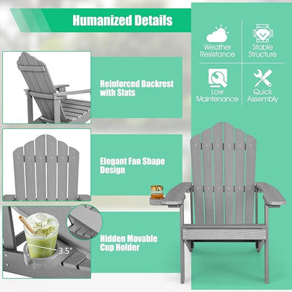 Giantex Outdoor Adirondack Chair - Oversized Patio Chairs w/Hidden Cup Holder, Realistic Wood Grain, 380 LBS Weight Capacity, Weather Resistant Firepit Chairs for Backyard, Garden (2, Light Grey)