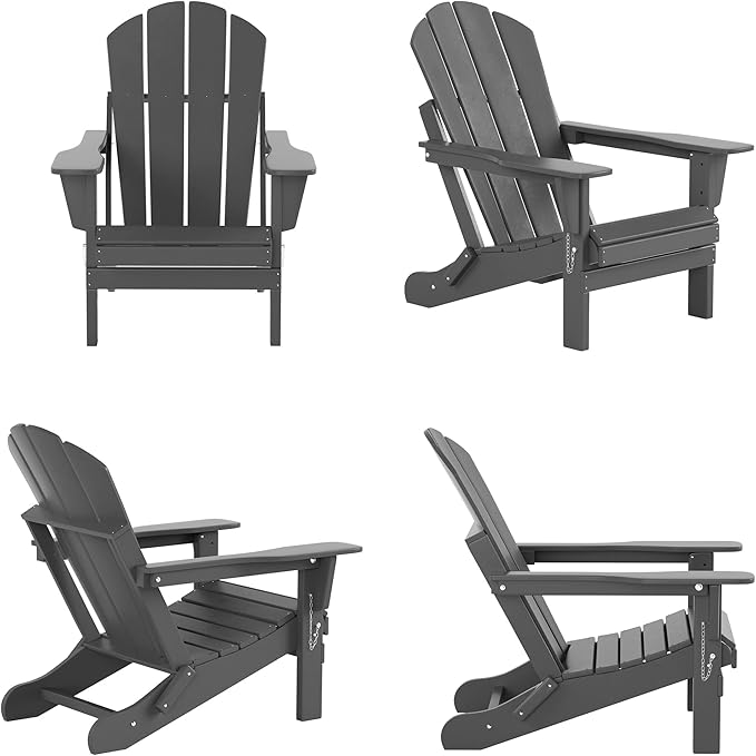 WestinTrends Malibu Outdoor Lounge Chairs Set, 5-Pieces Adirondack Chair Set of 2 with Ottoman and Side Table, All Weather Poly Lumber Patio Lawn Folding Chair for Outside, Gray