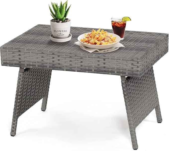 GOFLAME Wicker Table Patio Outdoor Poolside Garden Lawn Bistro Foldable Portable Leisure Standing Coffee Side Table, Grey