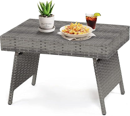 GOFLAME Wicker Table Patio Outdoor Poolside Garden Lawn Bistro Foldable Portable Leisure Standing Coffee Side Table, Grey