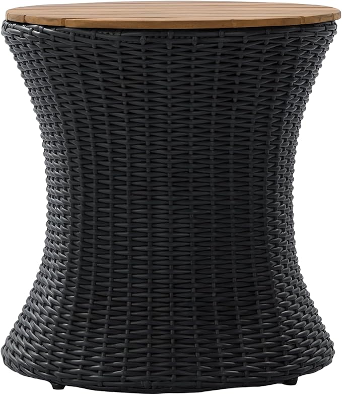 Christopher Knight Home Fenton 17.5" Outdoor Side Table, Round Patio End Table with Wood Top and Wicker Base, Small Outdoor Coffee Table for Balcony Garden Poolside, Accent Garden Stool, Black+Natural