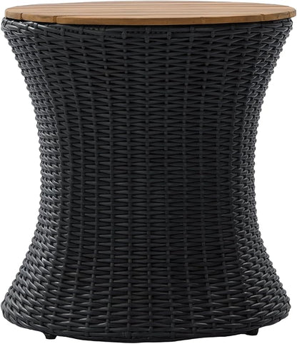 Christopher Knight Home Fenton 17.5" Outdoor Side Table, Round Patio End Table with Wood Top and Wicker Base, Small Outdoor Coffee Table for Balcony Garden Poolside, Accent Garden Stool, Black+Natural