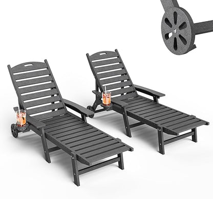 Pamapic 2 Pieces 500 LBS Lounge Chair, Wide Armrest Oversized Chaise Lounge Chair with Wheel, All Weather 4 Positions Chaise Lounge with Cup Holder, Outdoor Lounge Chairs for Poolsdie, Patio, Grey