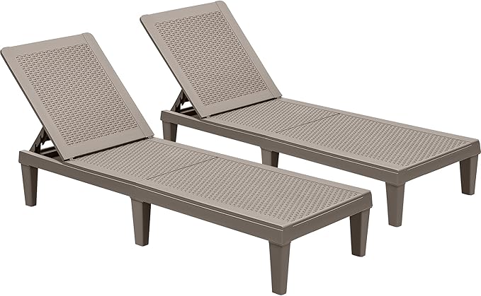 GUNJI Lounge Chairs for Outside Patio Waterproof Resin Chaise Lounge Outdoor Adjustable Lounge Chairs Set of 2 Pool Chairs Sun Loungers for Deck, Poolside and Beach (Beige)