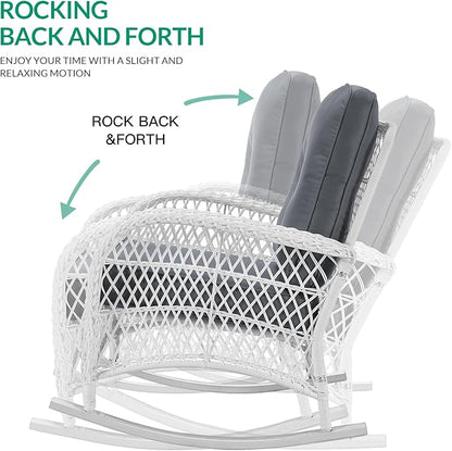 VIVIJASON Outdoor Wicker Rocking Chair, Patio Rattan Rocker Chair with Cushions & Steel Frame, All-Weather Rocking Lawn Rattan Furniture for Garden Backyard Porch (White Wicker/Grey)