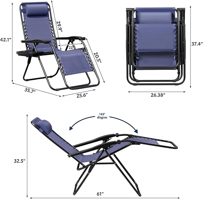 Greesum Zero Gravity Chairs Set of 2 Adjustable Steel Mesh Recliners Beach Deck Lawn Camping Patio Foldable Lounge Chair with Cup Holder Trays and Pillows,Blue
