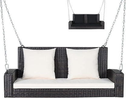 RELAX4LIFE 2-Seat Rattan Porch Swing, Wicker Outdoor Swings w/7.9 Ft Solid Metal Chain, Back & Seat Cushions for Garden Backyard, 800LBS Max Load, 2-Person Patio Swing, Beige & Black Cushion Covers