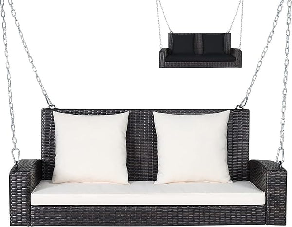 RELAX4LIFE 2-Seat Rattan Porch Swing, Wicker Outdoor Swings w/7.9 Ft Solid Metal Chain - Photo 1
