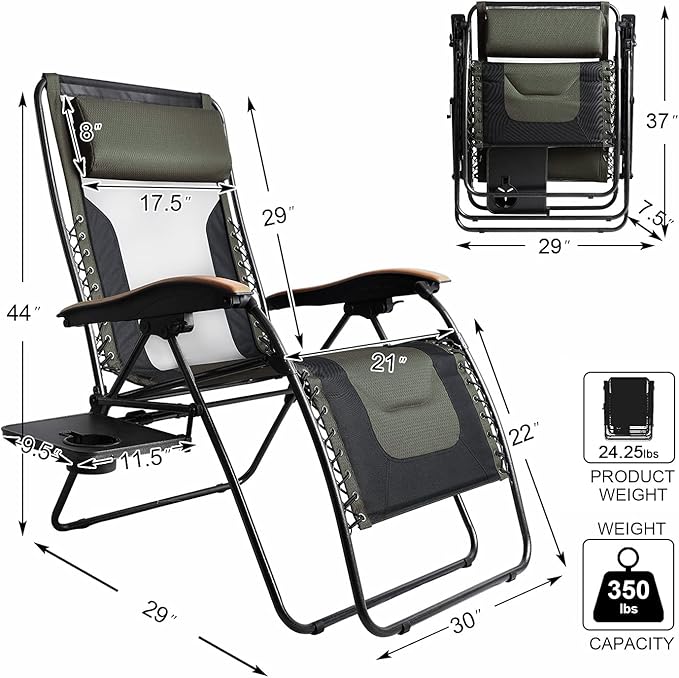 Portal Portable Zero Gravity Chair, Lounge Chair Outdoor Oversized Zero Gravity Chair Folding Lounge Chair with Adjustable Pillows and Cup Holder for Poolside Backyard and Lawn, Support 350lbs