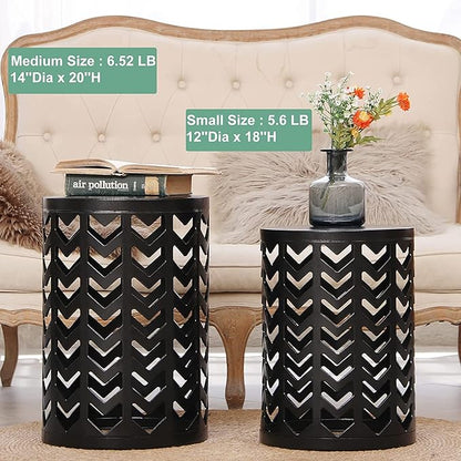 Y&M Set of 3 Black End Tables, Nesting Metal Round Coffee Table, Heavy Duty Meta Plant Stand Decorative Garden Stool, Outdoor Multifunctional Use