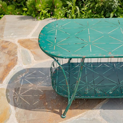Zaer Ltd. Vintage Style Metal Patio Furniture with Heart Design Accents, Outdoor/Indoor Decor (Antique Green, Coffee Table)