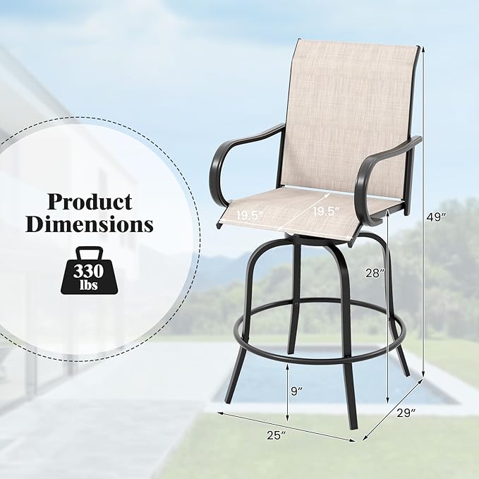 Tangkula Outdoor Swivel Bar Stools Set of 2, Bar Height Tall Patio Chairs with Armrests & High Back - Photo 3