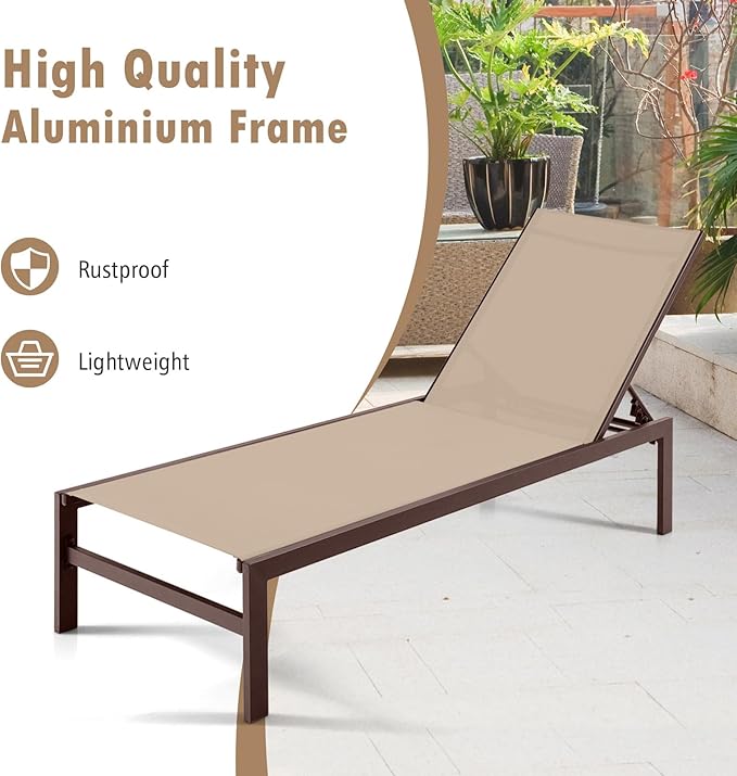 Giantex Patio Chaise Lounge Chair, Outdoor Sunbathing Chair Lawn Reclining Lounger with 6 Adjustable Position, Aluminium Frame, Outside Tanning Chairs for Deck,Yard, Pool Lounge Chairs (2, Brown)