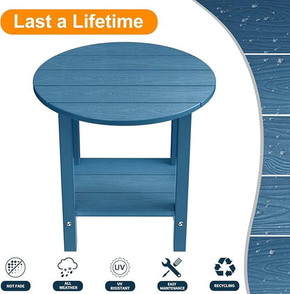 MXIMU Round Outdoor Side Table Adirondack Tables 18 Inch Chairside End Tables with Storage Shelf, 2-Tier Plastic Patio Side Table, Weather Resistant for Balcony Backyard Lawn (Navy, 2 Pack)