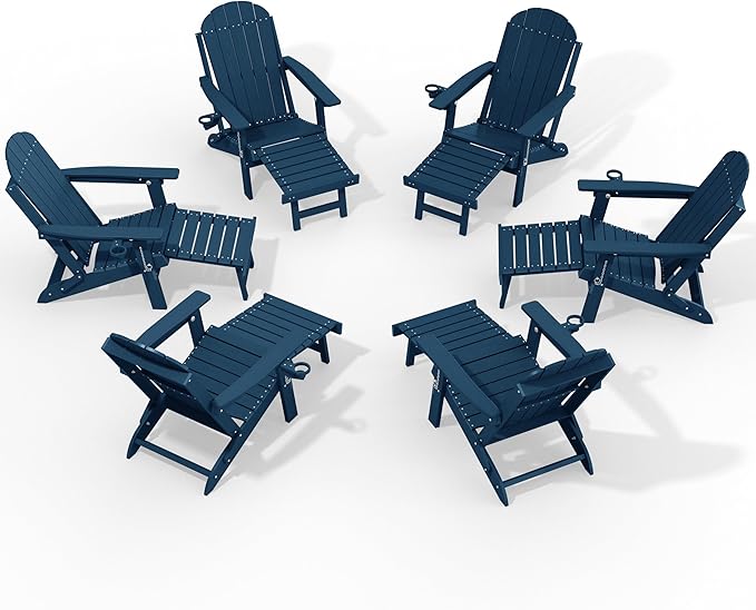YEFU Adirondack Chair with Retractable Ottoman: Adjustable Folding Adirondack Chairs with Cup Holder - HDPE Plastic Outdoor Fire Pit Chairs Set of 6 - All Weather for Patio/Firepit/Outside/Pool(Blue)
