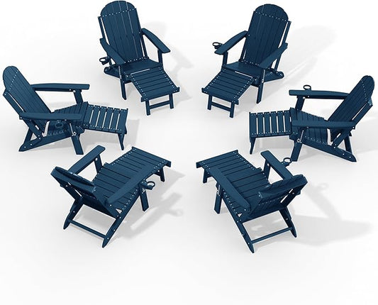 YEFU Adirondack Chair with Retractable Ottoman: Adjustable Folding Adirondack Chairs with Cup Holder - HDPE Plastic Outdoor Fire Pit Chairs Set of 6 - All Weather for Patio/Firepit/Outside/Pool(Blue)
