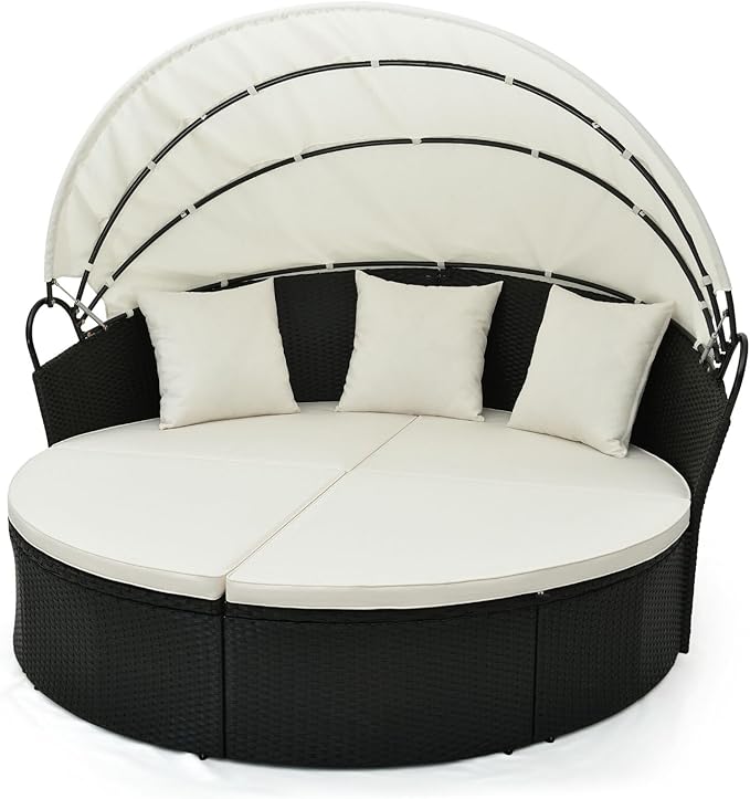 HAPPYGRILL Patio Round Daybed, Wicker Daybed with Retractable Canopy - Photo 1