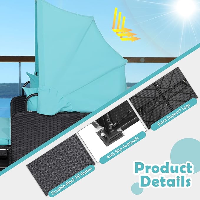 Tangkula Patio Rattan Daybed with Retractable Canopy, Patiojoy Wicker Sun Lounger with 2 Foldable Side Panels - Photo 8