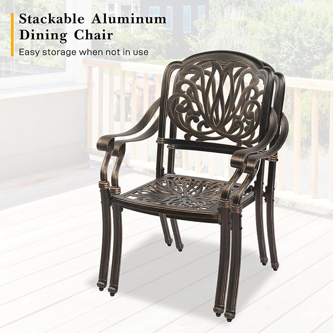 VINGLI Outdoor Dining Chairs Set of 4 with Cushion Aluminum Patio Chairs, Cast Aluminum Patio Furniture Aluminum Outdoor Chairs for Backyard, Poolside, Balcony Bronze (4, Elizabeth Back with Cushion)