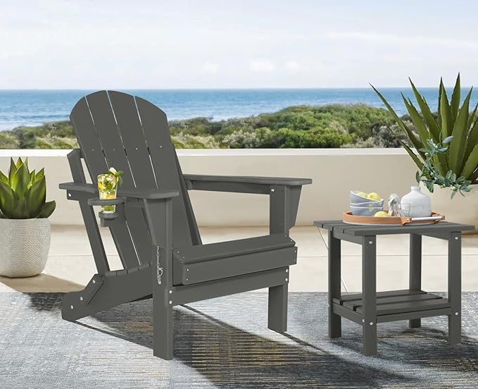 Folding Adirondack Chairs Set of 4 - Plastic Adirondack Chairs with Cup Holder, Weather Resistant for Outdoor, Patio, Lawn, Garden, Backyard Deck, Fire Pit - Dark Gray
