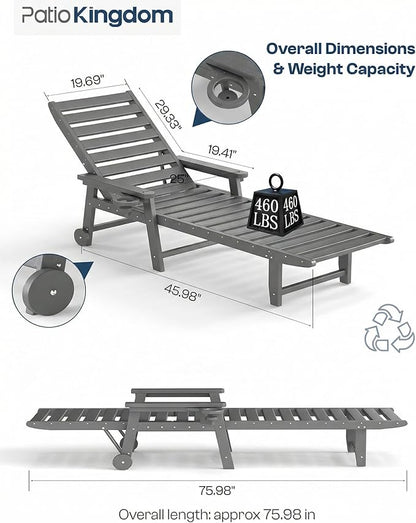 Adjustable Lounge Chair Outdoor Set of 8, HDPE Outdoor Chaise Lounge with Cup Holder & Wheels, Pool Lounge Chairs for Poolside, Backyard Pool, Patio, Beach, Deck, (Gray)