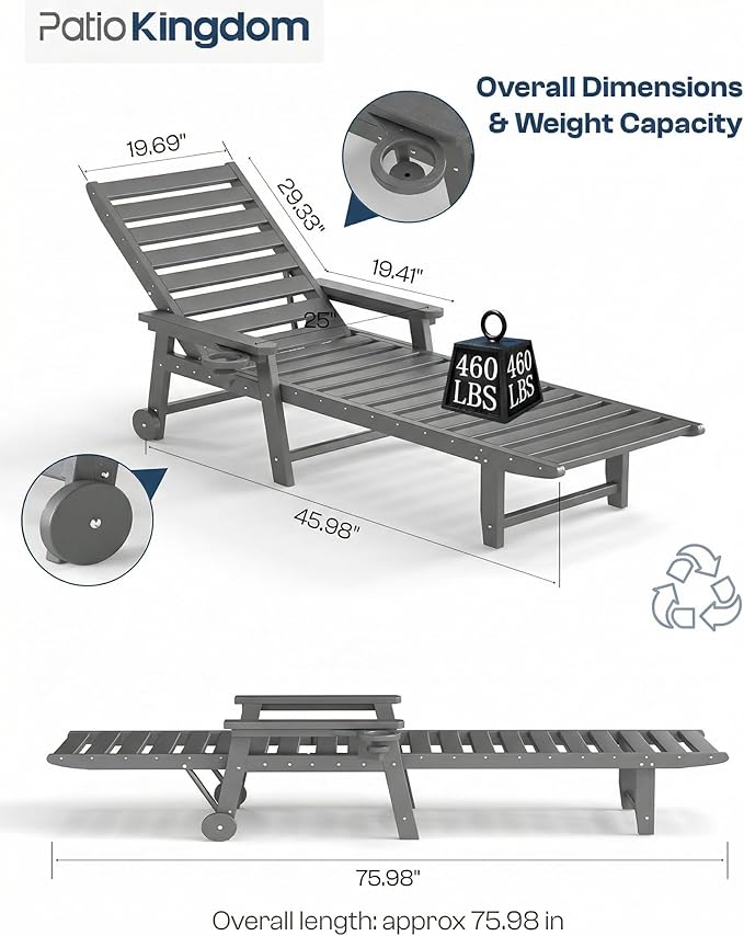 5-Position Adjustable Lounge Chair Outdoor Set of 2, HDPE Outdoor Chaise Lounge with Cup Holder & Wheels - Photo 6