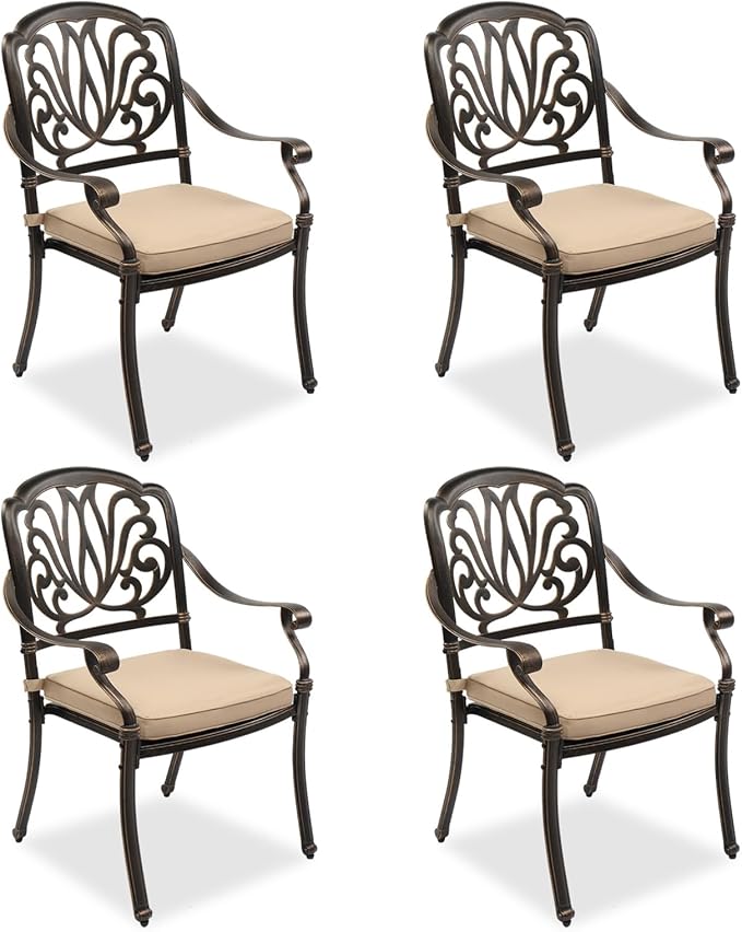 VINGLI Outdoor Dining Chairs Set of 4 with Cushion Aluminum Patio Chairs, Cast Aluminum Patio Furniture Aluminum Outdoor Chairs for Backyard, Poolside, Balcony Bronze (4, Elizabeth Back with Cushion)