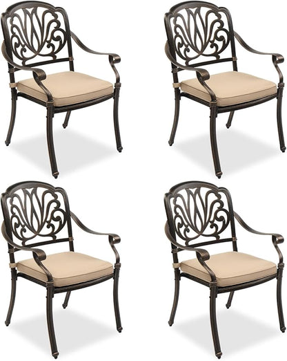 VINGLI Outdoor Dining Chairs Set of 4 with Cushion Aluminum Patio Chairs, Cast Aluminum Patio Furniture Aluminum Outdoor Chairs for Backyard, Poolside, Balcony Bronze (4, Elizabeth Back with Cushion)