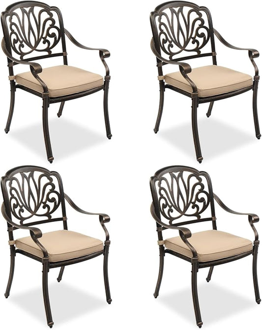 VINGLI Outdoor Dining Chairs Set of 4 with Cushion Aluminum Patio Chairs, Cast Aluminum Patio Furniture Aluminum Outdoor Chairs for Backyard, Poolside, Balcony Bronze (4, Elizabeth Back with Cushion)